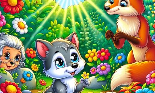 Em um jardim selvagem, um pequeno lobo de pelos cinzas e olhos curiosos está no centro da imagem. Ele parece alegre e um pouco nervoso, segurando uma pequena flor amarela, simbolizando sua felicidade. Ao seu lado, uma raposa idosa, de pelos laranja vivo e olhos sábios, observa com um sorriso gentil. Ela está sentada em uma pedra, cercada de flores coloridas, e parece incentivar o pequeno lobo com uma expressão calorosa. O jardim é exuberante, repleto de flores vibrantes, folhas verdes brilhantes e pedras de formas variadas, criando uma cena viva e alegre. Raios de sol atravessam os galhos, iluminando o chão coberto de pétalas. Nesta cena, o pequeno lobo orgulhosamente mostra seu jardim das emoções, cercado por seus amigos animais, que admiram os arranjos de flores e pedras, criando uma atmosfera de compartilhamento e celebração.