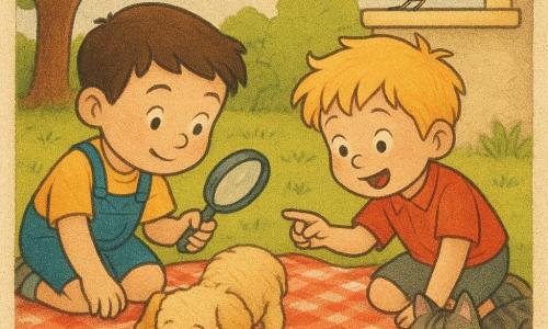Há cinco personagens: dois meninos — Lucas, 6 anos, cabelo castanho curto, camiseta amarela e jardineira azul, sentado à esquerda sobre uma manta xadrez segurando uma lupa de plástico e olhando migalhas; João, 5 anos, cabelo loiro despenteado, camisa vermelha de mangas curtas, à direita apontando para um pratinho de biscoitos; uma cadela pequena, Nina, pelo bege encaracolado, farejando migalhas entre os pés das crianças, rabo abanando, à frente entre os meninos; um gato macho, Tom, pelo cinza tigrado com algumas migalhas no bigode, deitado na borda da manta atrás de João; e um passarinho colorido macho, penas azuis e amarelas, empoleirado no peitoril da janela ao fundo com uma pena caída perto das migalhas. Local: jardim ensolarado de casa com relva curta, uma casinha de madeira em miniatura e uma árvore à esquerda, manta picnic xadrez vermelho e branco sobre a relva, prato de cerâmica branco com migalhas visíveis e alguns brinquedos espalhados, luz suave do fim de tarde. Situação: dois pequenos investigadores descobrem migalhas e convidam os animais para um piquenique; cena calma e alegre centrada na manta e no prato de biscoitos, lupa ampliando as migalhas, expressões surpresas e sorridentes, cores quentes e contornos suaves, ambiente amigável e curioso.