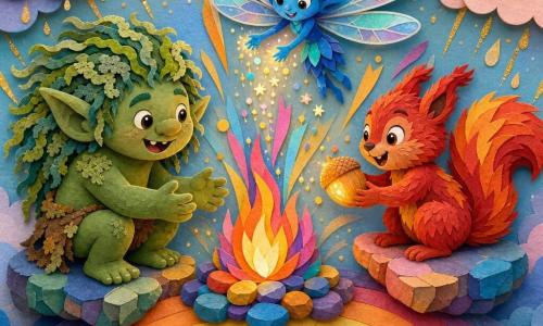 Um troll chamado Tulo, determinado e alegre, pele verde musgo, cheveux verts em mechas como líquen, orelhas pontudas e olhos brilhantes, agachado com as mãos estendidas para uma pequena chama multicolor; Pipo, um esquilo garoto de pelo ruivo e cauda espessa, segura uma noz brilhante e está empoleirado na pedra ao lado do troll, olhando excitado; Lumi, uma libélula fêmea azul elétrico com asas translúcidas iridiscentes, voa sobre a chama soltando pequenas faíscas; cenário: topo de um arco-íris largo em estilo papel recortado, pedras flutuantes coloridas, nuvens de algodão rosa e azul e chuva de brilhos dourados; os três formam um círculo ao redor do fogo sagrado quase apagado, cantam e oferecem a noz que provoca raios coloridos e faíscas que reacendem a chama, atmosfera mágica, cores vivas e texturas em camadas.