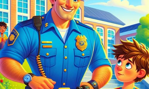 A male police officer named Officer Ben stands with a warm smile on his face. He wears a bright blue uniform, a utility belt, and a shiny badge that glimmers in the sunlight. His eyes are filled with determination as he looks around to solve the mystery of the stolen bike. Next to him, Sammy, an 8-year-old boy with messy brown hair, sits on the school steps with a sad look and slightly wet eyes, wearing a red t-shirt and blue shorts while holding a small toy. Beside him, Mia, a 7-year-old girl with blonde pigtails, comforts him by holding his hand. She wears a colorful floral dress and looks worried. The scene takes place in front of a colorful elementary school with yellow walls and blue windows, surrounded by lush trees and a large red slide in the background. Officer Ben is explaining to Sammy and Mia how he will help them find the missing red bike, while Sammy looks hopeful and Mia listens attentively, ready to help.