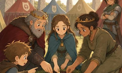 Lyra, a young woman (~20) with a gentle face and determined gaze, kneels and serenely plants three small glowing seeds in dark soil; her teal-green cloak falls in simple folds and a small bronze bell hangs at her neck. To her right the King of the North (~55), with a graying beard and surprised eyes, reaches to place a seed, wearing a thick dark-red cloak with a discreet crest. To her left the Queen of the South (~45), tanned with callused hands, watches emotionally in a practical khaki dress and simple crown. In the foreground a seven-year-old boy with tangled hair watches in wonder, holding a small wooden easel and pointing at the seeds. In the background a thirty-year-old scout woman with a thin cheek scar leans against a tent in light armor with a softened expression. The setting is a grassy clearing between two lines of gray menhirs with colorful tents (red, blue, khaki) in a semicircle and fluttering flags; the ground is scattered with small stones and wild grasses. The scene conveys nascent peace: leaders’ and a villager’s hands united around a small patch of earth in golden morning light, warm atmosphere, calm gestures and emerging smiles. Visual style: rounded simple lines, warm pastel colors, soft shadows, minimal textures, readable welcoming expressions.