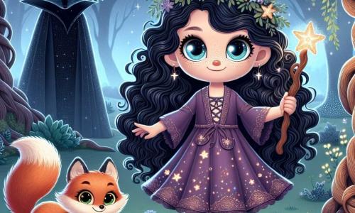 Elara, a nine-year-old apprentice witch, stands in the center of an enchanted clearing, her eyes shining with excitement and determination. She has long, curly, deep black hair and wears a purple dress adorned with sparkling stars, holding a wooden wand in her right hand, ready to cast a spell. Beside her, a mischievous fox with sparkling eyes and bright fur watches her with a cheeky smile, its tail wagging joyfully. In the shadows stands the Guardian of the Clearing, a majestic figure shrouded in mist, with glowing eyes that scrutinize Elara, its expression both serious and kind. The scene takes place in a moonlit clearing surrounded by ancient trees with gnarled trunks, their leaves shimmering like diamonds in the moonlight. Luminescent flowers emit a soft glow, and a light mist hovers above the ground, adding a touch of mystery to the atmosphere. Elara is preparing to face the Guardian's final challenge, confronting her fears in a magical mirror that reflects her doubts. The air is charged with tension and magic as she prepares to prove her worth to obtain the amulet that will break her family's curse.