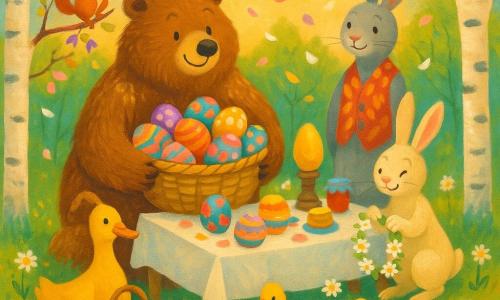 Bramble, a large fluffy brown bear with a round snout, looks gentle and reassured, smiling slightly while holding a basket of painted eggs; Lark, a small lively cream rabbit with long ears, is cheerful and braiding a daisy garland to the right of the table; Tansy, a red squirrel with mischievous eyes, is focused and hanging painted petals from branches to the left; Puddle, a yellow duck followed by ducklings, marches proudly carrying a basket of cookies near the table leg; the Easter Bunny, a tall gray rabbit in a petal vest, stands behind the table smiling proudly; the setting is a spring clearing bordered by white birches, green grass sprinkled with daisies and soft late-afternoon light with petals floating; a long light-wood table with a white cloth is scattered with colorful eggs, jam pots, cookies and a large golden chocolate egg at the center, pastel lanterns float above, overall a joyful collaborative Easter feast in bright colors with visible acrylic-like textures and a warm, balanced composition.