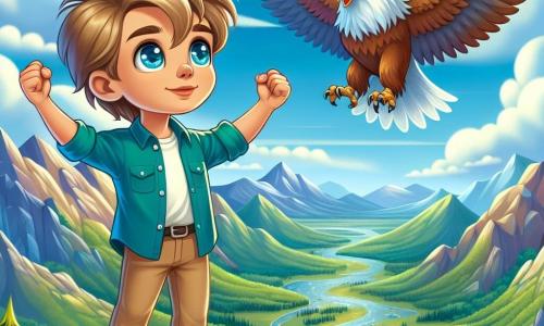 A 12-year-old boy with messy blonde hair and sparkling curious eyes stands atop a mountain. He wears a blue shirt and beige pants, his face expressing deep wonder as he gazes at the vast and beautiful landscape before him. Beside him, a majestic eagle with golden feathers and sharp eyes soars in the sky, symbolizing wisdom and seemingly encouraging the boy with its wings spread wide. In the background, a breathtaking panorama unfolds: green valleys, sparkling rivers, and lush forests stretch as far as the eye can see under a blue sky dotted with fluffy white clouds. The main scene shows the boy with his arms raised in triumph, celebrating his discovery of the meaning of happiness, while the wind tousles his hair and sunlight illuminates his radiant face.