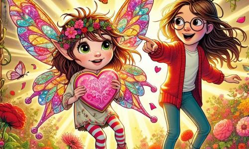 A small fairy-like character named Pip, with shiny colorful wings, is holding a pink heart-shaped letter, showing an expression of excitement and curiosity on his face. Pip has messy hair and wears a light fabric tunic adorned with floral patterns. Next to Pip, a young girl named Emily, with long brown hair and round glasses, smiles joyfully. She is wearing a red sweater and jeans, pointing in a direction as if guiding Pip toward their next adventure. The scene takes place in the Secret Garden, an enchanting place filled with vibrant flowers, red roses, and climbing ivy. Sun rays filter through the leaves, creating dancing shadows on the ground. Pip and Emily are discovering the mysterious letter, surrounded by colorful flowers and fluttering butterflies, while a gentle breeze makes the petals dance.