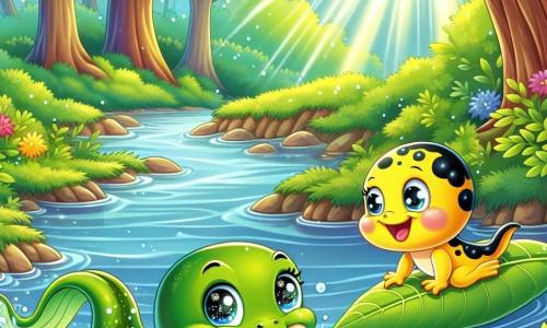 Un pequeño renacuajo con una piel verde brillante y ojos chispeantes de curiosidad nada alegremente en un arroyo soleado, su cola ondulando detrás de él, mientras sonríe con determinación. A su lado, un renacuajo amigable, de color amarillo brillante con manchas negras, lo anima con una gran sonrisa, flotando sobre una hoja, listo para ayudarlo. En el fondo, el arroyo serpentea a través de un bosque exuberante, con árboles de hojas brillantes y flores coloridas que bordean las orillas. La escena muestra el momento en que el pequeño renacuajo supera un obstáculo, dirigiéndose hacia una rama flotante, listo para mostrar sus talentos de nadador.
