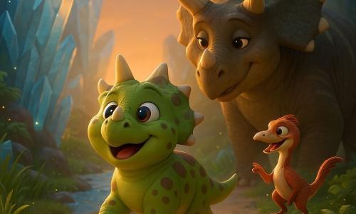 Młody triceratops o imieniu Tricert, lśniący i pulchny, o zielonej skórze z brązowymi plamami, z trzema krótkimi rogami i dużymi, wilgotnymi oczami, idzie dumnie z podniesioną głową, wzbijając obłoczek kurzu pod łapami; obok na niskim kamieniu stoi Pip, szczupły i zwinny compy pokryty rdzawymi i białymi piórami, uśmiechnięty i z jedną łapą uniesioną jak wskazujący drogę; kilka kroków za nim matka triceratops, większa i opiekuńcza, o ciemniejszej skórze ze jaśniejszymi pręgami i ciepłym spojrzeniem, pochyla kołnierz ku synowi; sceneria to kryształowa dolina o zmierzchu z przezroczystymi niebieskawymi kryształami, błyszczącą rzeką, wysokimi zielonymi trawami i paprociami oraz drobnymi iskierkami światła, a główną scenę stanowi emocjonalne spotkanie młodego triceratopsa z jego stadem nad rzeką przy złotym świetle zachodzącego słońca, w łagodnej i bezpiecznej atmosferze z kompozycją akcentującą głębię i postacie na pierwszym planie.