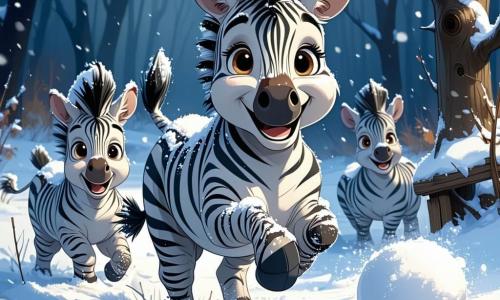 Mały, radosny zebra o imieniu Zazu, z szarym futrem pokrytym białymi plamami, skacze w lśniący śnieg, jego duże oczy błyszczą szczęściem. Szeroko się uśmiecha, a jego długie uszy powiewają za nim, gdy zamierza rzucić kulą śnieżną. W pobliżu jego rodzeństwo, zebry o podobnych wzorach, śmieje się i bawi, ich twarze promienieją radością. Jedna z nich, mała zebra z czerwoną kokardą na głowie, zamierza złapać kulę śnieżną rzuconą przez Zazu, podczas gdy inny, nieco większy zebra, przygotowuje się do obrony z kulą śnieżną w łapach. Scena rozgrywa się w zaczarowanej polanie, otoczonej dużymi, ośnieżonymi jodłami, z delikatnie opadającymi płatkami śniegu z jasnoniebieskiego nieba. Ziemia pokryta jest grubą warstwą lśniącego śniegu, a ślady kopyt zebry wiją się przez krajobraz. Zazu i jego przyjaciele biorą udział w bitwie na kule śnieżne, pełnej śmiechu i radości, tworząc festywną i ciepłą atmosferę w sercu zimy.