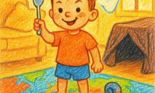 Um menino de 2 anos, sorriso malicioso e olhos brilhantes, cabelo castanho curto, brinca em pé sobre um tapete transformado num grande planisfério colorido, brandindo uma colher brilhante como pequena espada; uma meia enrolada, parecida com um pequeno caracol cinzento-azulado com riscas laranja, junto ao pé; ao fundo à esquerda um sofá alto com almofadas empilhadas em picos; à frente à direita uma mesa de centro aberta como caverna escura com uma manta pendente; uma janela aberta deixa entrar uma cortina branca leve que dança com raios de sol dourados iluminando a cena; atmosfera acolhedora, cores vivas e contrastantes (amarelo, vermelho, azul), traço de lápis visível, estilo ingênuo e alegre, composição centrada na criança aventureira.