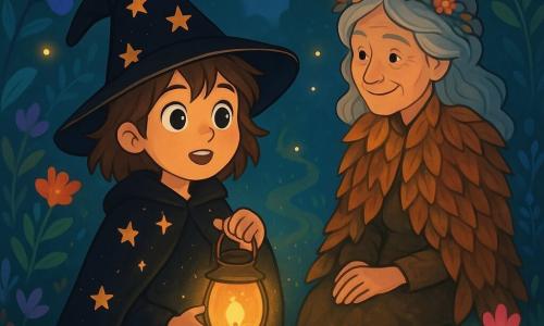 Eine junge Hexe namens Lina, etwa 10 Jahre alt, steht im Mittelpunkt des Bildes. Sie hat große, neugierige Augen, unordentliche kastanienbraune Haare und trägt einen schwarzen Mantel, der mit funkelnden Sternen verziert ist. Ihr Gesicht zeigt Staunen und Entschlossenheit, während sie eine kleine leuchtende Lampe in den Händen hält, umgeben von einem sanften goldenen Licht. Neben ihr sitzt eine geheimnisvolle Frau mit blumigen Haaren, etwa 60 Jahre alt, auf einem mit Moos bedeckten Felsen. Sie trägt einen Mantel aus trockenen Blättern und beobachtet Lina mit einem wohlwollenden Lächeln, die Hände auf den Knien. Die Szenerie ist ein verzauberter Garten, gefüllt mit bunten Pflanzen und leuchtenden Blumen. Glühkäfer tanzen in der Luft und erhellen den gewundenen Weg zu einem kleinen Hain. Die Szene stellt den magischen Moment dar, in dem Lina die Kraft der Lampe entdeckt, die ein warmes Licht ausstrahlt und die Aufmerksamkeit der Kinder um sie herum auf sich zieht. Die Pflanzen scheinen vor Leben zu vibrieren, und die Atmosphäre ist von Geheimnis und Magie durchdrungen.