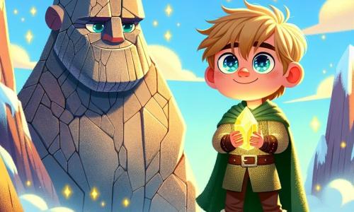 El personaje principal, Leif, es un niño de unos 10 años, con cabello rubio desordenado y ojos llenos de curiosidad. Lleva una túnica verde y pantalones de cuero, y se encuentra valientemente frente a una enorme piedra mágica que brilla con luz dorada, su rostro expresa determinación y asombro. A su lado hay un gran titán, con apariencia de un gigante benevolente, piel de piedra y ojos suaves, ahora reducido a un tamaño amigable. El paisaje se sitúa en la cima de una majestuosa montaña, rodeada de nubes y cumbres nevadas, con flores coloridas y piedras brillantes en el suelo, y un cielo azul radiante. La escena muestra a Leif sosteniendo la piedra mágica, listo para convencer al titán de permanecer dormido, mientras el gigante, conmovido por las palabras del niño, comienza a transformarse en un amigo benevolente, simbolizando la victoria de la bondad sobre el miedo.