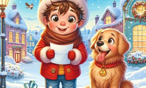 Un niño pequeño de 1 año, Lucas, con cabello castaño desordenado y mejillas sonrosadas, sonríe con asombro mientras sostiene una carta en sus manos. Lleva un abrigo rojo brillante y un gorro de lana, y está de pie en la nieve, rodeado de copos que caen suavemente. A su lado, su fiel perro, Max, un golden retriever de pelaje dorado, mueve la cola con entusiasmo, mirando a Lucas con cariño. El escenario es un encantador pueblo nevado, con casas con techos cubiertos de nieve, luces brillantes en las ventanas y un gran árbol de Navidad iluminado en el centro de la plaza. El cielo es de un azul claro, salpicado de nubes blancas. La situación principal muestra a Lucas, maravillado, listo para entregar su carta a Papá Noel, que está frente a él, riendo alegremente, rodeado de decoraciones navideñas brillantes.
