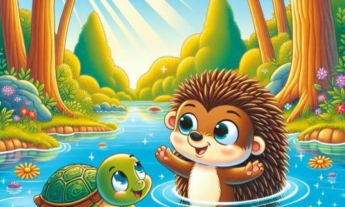 Ein kleiner Igel namens Emil mit braunem Fell und weichen Stacheln drückt große Freude und Stolz aus, während er in einem glitzernden Teich schwimmt. Neben ihm versucht eine kleine Schildkröte namens Tilly mit ihrem grünen Panzer und ihren strahlenden Augen zu schwimmen, umgeben von bunten Blumen, die an der Wasseroberfläche treiben. Im Hintergrund stehen majestätische Bäume mit goldenen Blättern unter einem hellblauen Himmel, während Sonnenstrahlen durch die Äste scheinen. Die Szene zeigt Emil, der Tilly ermutigt, die gerade entdeckt hat, dass sie schwimmen kann, und so einen magischen Moment der Freundschaft und Entdeckung schafft.
