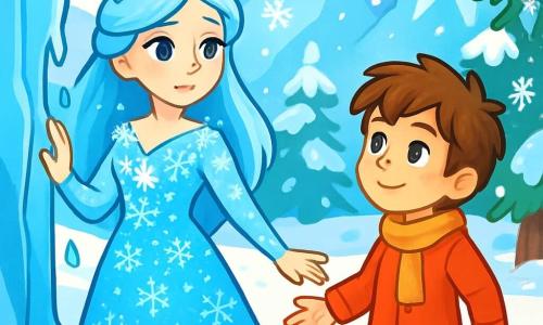 La Regina delle Nevi, una donna maestosa di bellezza eterea, indossa un abito scintillante fatto di fiocchi di neve e cristalli di ghiaccio. Il suo viso è dolce e malinconico, con occhi azzurri che brillano di una luce di speranza. Si trova al centro di un prato innevato, tendendo la mano verso un muro di ghiaccio che inizia a sciogliersi, simboleggiando il suo desiderio di libertà. Accanto a lei, Kai, un ragazzo di circa 10 anni, ha i capelli castani in disordine e occhi scintillanti di determinazione. Indossa un mantello rosso vivo che contrasta con il bianco splendente della neve. Guarda la Regina con ammirazione, pronto ad aiutarla a rompere i muri di ghiaccio. Il luogo è un prato magico, circondato da maestose montagne scintillanti sotto un cielo azzurro. Fiocchi di neve cadono dolcemente, creando un'atmosfera incantata. Gli alberi sono coperti di brina e cristalli di ghiaccio pendono dai rami, riflettendo la luce del sole. La situazione principale mostra la Regina delle Nevi e Kai uniti in un momento di determinazione, mentre si sforzano di rompere i muri di ghiaccio che li separano dagli altri abitanti del regno, simboleggiando la speranza e la forza dell'amicizia.