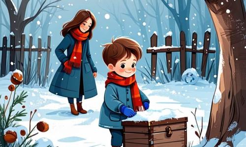 Un ragazzo di 7 anni, di nome Marco, con capelli castani e occhi pieni di curiosità, è in piedi in un giardino innevato. Indossa una sciarpa rossa e guanti blu, il suo viso brilla di gioia mentre scopre una vecchia scatola di legno sepolta sotto la neve. Accanto a lui, sua madre, una donna di circa 30 anni con lunghi capelli castani e un sorriso caloroso, si avvicina con meraviglia, osservando la scoperta del figlio. Indossa un cappotto blu e tiene in mano una tazza di cioccolata calda. Il giardino è riempito da fiocchi di neve che cadono dolcemente, circondato da alti alberi con rami carichi di neve, creando un'atmosfera magica e tranquilla. La scena principale mostra Marco mentre apre la scatola di legno, rivelando una piccola campanella d'argento che brilla di una luce morbida, mentre stelle scintillano nel cielo notturno, aggiungendo magia a questo momento di scoperta.