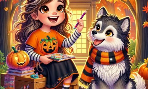 Una niña de 10 años, Luna, con largos cabellos castaños y ojos brillantes de alegría, está sentada sobre una caja de madera, sonriendo. Lleva una camiseta naranja con motivos de calabazas y una falda negra, rodeada de hojas de otoño coloridas. Sostiene un lápiz en una mano y una invitación decorada con brillos en la otra, llena de emoción. A su lado hay un lobo amistoso, grande y peludo, con una bufanda rayada alrededor del cuello, que la mira con ojos dulces y curiosos. El lugar es un parque en otoño, con árboles de hojas doradas y calabazas decorativas esparcidas por el césped. Al fondo, se ve una vieja biblioteca con luces centelleantes, creando un ambiente cálido y misterioso. La escena principal muestra a Luna preparando invitaciones para una fiesta de Halloween, rodeada de amigos que ríen y se divierten, mientras el lobo la anima a compartir sus ideas creativas. Estrellas y destellos de luz flotan a su alrededor, añadiendo un toque mágico a la escena.