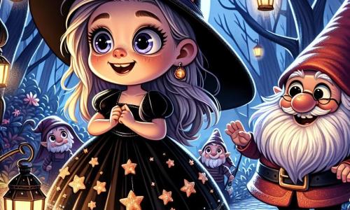 Una ragazza di 9 anni, Sofia, si trova al centro dell'immagine, vestita con un abito nero da strega con stelle scintillanti e un grande cappello a punta. Il suo volto esprime eccitazione e un leggero tremore di paura, i suoi occhi brillano di meraviglia mentre guarda una lanterna misteriosa che illumina il suo cammino. Accanto a lei, un piccolo gnomolo di nome Gnomolo, di circa 50 anni, con una barba bianca e un grande cappello rosso, sorride calorosamente mentre tiene una piccola lanterna in mano. Si trova leggermente in disparte, pronto a guidare Sofia attraverso il parco. Il luogo è un parco oscuro e misterioso, pieno di alberi dalle forme strane, con rami contorti che si estendono come braccia fantasmagoriche. Il terreno è coperto di foglie autunnali dai colori vivaci, e lanterne scintillanti illuminano il sentiero, creando un'atmosfera magica e leggermente inquietante. La scena principale mostra Sofia, un po' nervosa ma determinata, pronta a attraversare il "Ponte dei Sospiri", un vecchio ponte di legno che sembra oscillare sotto i suoi piedi, mentre Gnomolo la incoraggia con un sorriso rassicurante.