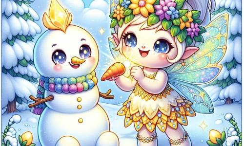 Luma, una piccola creatura di luce con ali scintillanti e un sorriso radioso, sta costruendo un magnifico pupazzo di neve nel suo giardino innevato. Indossa una piccola sciarpa colorata e i suoi occhi brillano di gioia ed eccitazione. Accanto a lei, sua mamma, una dolce creatura di fiori con petali delicati e un volto sorridente, la aiuta aggiungendo dettagli al pupazzo di neve, sembrando orgogliosa e felice mentre tiene una carota per il naso. Il giardino è coperto da uno spesso manto di neve scintillante, con alberi maestosi sullo sfondo, le cui branche sono cariche di fiocchi di neve. Il cielo è di un azzurro chiaro, punteggiato da nuvole bianche e soffici, e il sole brilla dolcemente, illuminando la scena con una luce dorata. Luma e sua mamma si divertono insieme a creare il loro pupazzo di neve, ridendo e condividendo momenti di felicità, mentre fiocchi di neve cadono dolcemente attorno a loro, aggiungendo alla magia dell'inverno.
