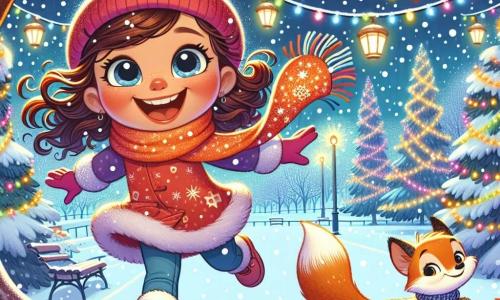 Una niña de 4 años, Luna, con grandes ojos brillantes y una sonrisa radiante, lleva un gorro rojo y una bufanda estrellada. Ella salta de alegría en la nieve, con sus mejillas rosadas y su cabello rizado flotando al viento. A su lado, un pequeño zorro de pelaje dorado, curioso y travieso, observa la escena con ojos pícaros. El parque está encantado, cubierto de una gruesa capa de nieve brillante, con majestuosos árboles iluminados por guirnaldas de luces de colores. Copos de nieve caen suavemente, creando una atmósfera mágica y festiva. Luna, llena de entusiasmo, intenta atrapar su dibujo gigante hecho de ramas y piñas que vuela con el viento, mientras el zorro la sigue, intrigado por esta aventura inesperada.