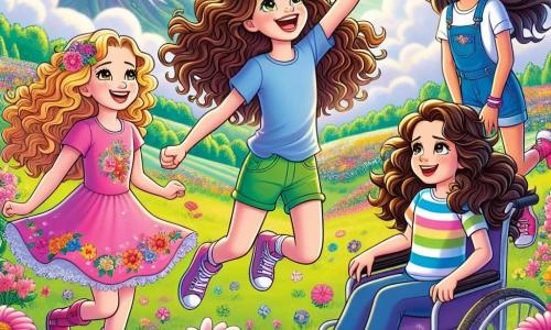 En el centro de la imagen, cuatro chicas de unos 10 años están juntas en un campo colorido. Valentina, con cabello rizado y dorado, sonríe alegremente, vestida con un vestido rosa con flores. A su derecha, Lucía, enérgica con cabello castaño, salta con una gran sonrisa, usando una camiseta azul y un short verde. A la izquierda, Sofía, con cabello largo y liso, lleva una camisa de rayas coloridas y mira al cielo con curiosidad. Finalmente, Clara, con cabello castaño, está sentada en su bonita silla de ruedas decorada con motivos florales, sosteniendo un antiguo rollo de mapa, con una expresión pensativa. Su entorno es un hermoso campo lleno de flores brillantes bajo un cielo azul claro con algunas nubes blancas. Al fondo, se ve una montaña majestuosa con picos brillando al sol. La escena muestra a las cuatro amigas unidas y felices, celebrando su reciente victoria tras obtener la gema de la alegría, rodeadas de risas y flores que bailan al viento.