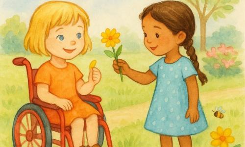 Twee meisjes van ongeveer 5 jaar: Lena, kort blond haar, blauwe ogen, zit in een felrood kinderrolstoel op het gras links, glimlacht en houdt een geel bloemblaadje in haar rechterhand; Noor, bruin gevlochten haar en licht gebruinde huid, staat rechts van de rolstoel in een lichtblauwe jurk met stippen en reikt naar Lena alsof ze een klein boeket aanbiedt. Ze delen een rustig, vrolijk moment in een zonnige lentetuin met gemaaid groen gras, gele en roze bloemen, een licht pad en jonge boom op de achtergrond; een kleine gestreepte bij bestuift de bloemen en vogels vliegen op de achtergrond, de scène heeft zachte aquarellook met lichte schaduwen en delicate contouren.