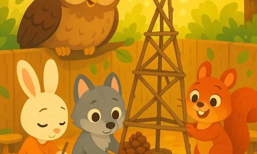 Leo, a small gray wolf with wide curious hazel eyes sits awkwardly placing a large pine cone at the base of a twig tower; Pip, a small red squirrel with round cheeks, stands behind him with sparkling eyes, steadying a twig and encouraging him with a big smile; Bella, a white rabbit with long pink ears, stands to the left calmly braiding twigs to reinforce the base; their teacher, Mrs. Willow, a tall brown owl with soft feathers, watches from an interior branch with a kind expression and slightly folded wings. The classroom is a wooden clearing-box lined with leaves, low log tables and scattered craft materials like cones, twigs and colorful ribbons, golden light filtering through the foliage. The scene shows the team building a stable tower—wide base, woven twigs, cooperative gestures—in a warm, peaceful, child-friendly style with bright contrasting colors, rounded shapes and simple textures.