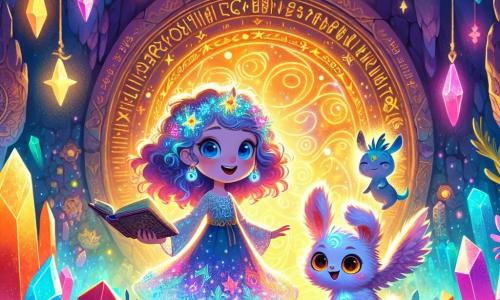 Lira, una niña de diez años con cabello rizado y brillante con reflejos azules, se encuentra en el centro de la escena, con los ojos abiertos de asombro y determinación. Lleva un vestido brillante hecho de cristales de luna que capturan la luz de las estrellas, y sostiene un libro antiguo flotante ante ella, iluminado por un suave resplandor dorado. A su lado, Fizz, una criatura mágica que parece una mezcla de dragón y conejo, con pelaje esponjoso de color violeta y ojos chispeantes de curiosidad, baila alegremente, levantando sus pequeñas patas en señal de celebración. El escenario se desarrolla en una cueva encantada, donde las paredes brillan con cristales coloridos y runas antiguas resplandecen con una luz mística. Al fondo, un portal giratorio de colores vivos se abre a un mundo de hadas, mientras estrellas brillantes flotan en el aire, creando una atmósfera mágica. Lira, llena de coraje, invoca la luz para ahuyentar una sombra amenazante que se perfila en la caverna, mientras Fizz la anima con gestos entusiastas. Juntos, están a punto de restaurar el equilibrio y la magia en su mundo.