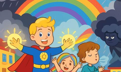 Um super-herói chamado Luminoso está no centro do palco, com cabelos dourados brilhantes e olhos azuis cintilantes. Ele sorri com determinação, suas mãos iluminadas por uma luz radiante que ilumina tudo ao seu redor. Ao seu lado, Brilhante, uma menina de cerca de 10 anos, tem cabelos arco-íris e usa uma capa colorida. Ela levanta os braços, espalhando cores vivas pelo céu. Um pouco mais longe, Vento Suave, um garoto de 12 anos com cabelos ondulados e expressão calma, sopra suavemente para acalmar o vento tempestuoso. A cena ocorre em uma cidade animada, com prédios pintados de cores vibrantes e crianças brincando nas ruas. O céu é uma mistura de nuvens escuras e raios de sol, criando um contraste marcante. A situação principal mostra Luminoso e seus amigos unidos contra Tempestade Negra, um vilão que tenta mergulhar a cidade na escuridão. Juntos, eles usam seus poderes para trazer de volta a luz e a cor, transformando a tempestade em um magnífico arco-íris.