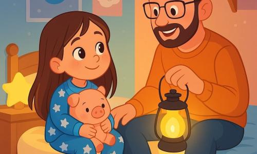 Uma menina de 6 anos, com longos cabelos castanhos e olhos brilhantes, está sentada na cama. Ela tem um rosto curioso e um sorriso tímido, segurando seu porquinho de pelúcia. Veste um pijama azul com estrelas brancas, e suas bochechas estão levemente rosadas, mostrando uma mistura de excitação e nervosismo. Ao lado dela, seu pai, um homem na casa dos trinta anos com uma barba suave e óculos, está sentado na beira da cama. Ele sorri calorosamente, segurando uma lanterna que ilumina suavemente o quarto. O ambiente é decorado com paredes em tons pastel, com pôsteres de planetas e nuvens. Um abajur em forma de estrela emite uma luz suave, criando sombras dançantes no chão. Um tapete macio está estendido aos pés da cama, e brinquedos estão espalhados ao redor. A cena principal mostra a menina e seu pai se preparando para uma aventura noturna, com a lanterna iluminando seus rostos enquanto trocam olhares cúmplices, prontos para explorar os mistérios da noite juntos.