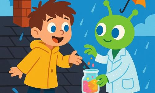 Max, a 6-year-old boy, smiling and amazed, messy brown hair, big blue eyes, oversized yellow coat, standing barefoot on a rain-slick school roof reaching toward a small glowing jar; Dr. Zim, a green alien with large sky-blue eyes and a sparkling lab coat, leaning near Max holding a bubbling jar of colorful droplets; dark gray tiles with reflective puddles, a red brick chimney and silver pipe visible with a few raindrops falling; main scene: Max and Dr. Zim side by side at the roof edge sharing a color-changing magical rain jar, a small upside-down umbrella swirling in the distance, soft joyful atmosphere, bold contrasts and vivid colors.