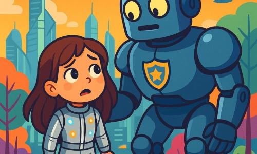 An 8-year-old girl, Mia, with long brown hair and sparkling curious eyes, stands in the center of the image. She wears a futuristic silver jumpsuit adorned with blinking lights and displays an expression of wonder mixed with concern. Next to her, a tall metallic police robot with glowing eyes and a gentle voice watches over Mia protectively. In the background, a futuristic city stretches out, featuring glass skyscrapers with unusual shapes, flying cars, and trees with multicolored leaves. The sky is a bright orange, dotted with pink clouds. In this scene, Mia has just realized she has traveled to the future and is wondering how to get back home, while the police robot approaches to help her.