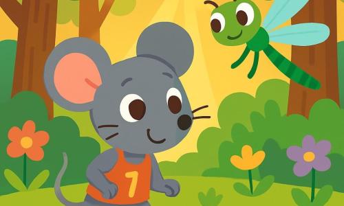 Eine kleine graue Maus, Mila, mit großen Ohren und funkelnden Augen, steht am Rand einer sonnigen Lichtung, bereit an einem Rennen teilzunehmen. Sie hat ein schüchternes, aber entschlossenes Lächeln, ihre kleinen Pfoten zittern leicht. Neben ihr fliegt ihre beste Freundin, Leni die Libelle, mit schimmernden Flügeln und einem leuchtend grünen Körper fröhlich um sie herum und ermutigt Mila mit einem vertrauensvollen Blick. Im Hintergrund ist der wunderschöne Mäusewald mit robusten Baumstämmen, bunten Blumen und sanftem goldenem Licht, das durch die Blätter filtert. Die Hauptsituation zeigt Mila, die sich auf das Rennen vorbereitet, umgeben von fröhlichen Tieren, die sich aufwärmen, während sie tief durchatmet, bereit, ihre Angst zu überwinden und an sich selbst zu glauben.