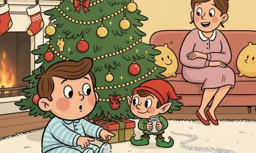 Um menino de 2 anos, rosto redondo, bochechas rosadas e olhos curiosos, sentado no chão de pijama azul-claro às riscas, aponta para um rastro de purpurina prateada no tapete que leva atrás de uma grande árvore de Natal até um duende travesso (não humano), pequeno, com gorro vermelho e botinhas verdes, sorriso manhoso e olhos brilhantes, meio escondido atrás da base da árvore segurando um frasco de purpurina; ao fundo, uma mãe de cerca de 30 anos, cabelo castanho preso e vestido suave, sorri surpresa apoiada no sofá com as mãos nos joelhos; sala de estar natalina aconchegante com tapete creme, árvore decorada com bolas vermelhas e guirlandas douradas, meias na lareira, luz amarela suave e bolachas num pratinho perto do bebé — clima de alegria tranquila e pequena malícia de Natal.