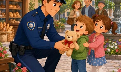 A tall smiling police officer in a clean blue uniform, round cap and shiny badge kneels, kindly offering a beige teddy bear with a red bow to a relieved, joyful six-year-old boy clutching it to his chest; a slightly shy then relieved seven-year-old girl with brown pigtails stands nearby holding the bear before giving it up. In the sunlit village square with gray cobbles, a wooden bench, a splashing round fountain, colorful flowerbeds, a small bakery with loaves at the window, blurred onlookers, green trees and a clear blue sky, the main scene conveys a tender gesture, the boy's gratitude and a warm, safe atmosphere.