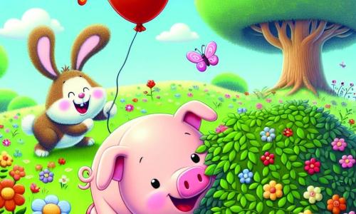 A little pig named Percy, round and pink with a big smile on his face, is desperately searching for his red balloon in a sunny meadow. Next to him, an adorable rabbit with large white ears and sparkling eyes is helping by looking under a bush, while smiling joyfully. The meadow is filled with colorful flowers, fluttering butterflies, and a majestic tree in the background under a clear blue sky. In this scene, Percy is bending down to look under the bush, while the rabbit is busy beside him, creating an atmosphere of friendship and adventure.