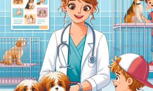 O veterinară, o femeie de aproximativ treize ani, cu părul castaniu prins într-o coadă de cal, poartă un halat alb și un stetoscop la gât. Are un zâmbet cald și ochi strălucitori de empatie în timp ce examinează un câine mic, pe Max, un adorabil bichon frisé, care pare puțin nervos dar curios. Lângă ea, un băiat de aproximativ 8 ani, cu părul blond zbârlit și o șapcă roșie, observă cu fascinație, ținând în mâini o jucărie în formă de câine. Scena se desfășoară într-o clinică veterinară luminoasă și primitoare, cu pereți vopsiți în albastru pastelat, postere colorate despre îngrijirea animalelor și cuști transparente care conțin animale așteptând să fie examinate. Situația principală o arată pe veterinară liniștind câinele mic, vorbindu-i încet în timp ce îi pune un bandaj pe laba rănită, în timp ce băiatul, uimit, învață cum să aibă grijă de animale.