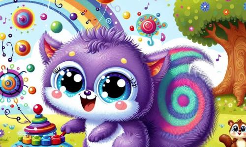 An illustration depicts a small fluffy purple creature with big bright eyes and a long spiral tail, joyfully smiling while holding a colorful machine filled with buttons and levers. It appears excited and happy, ready to make its friends laugh. Next to it, a small bird with multicolored feathers, looking mischievous with sparkling eyes, flutters around, laughing heartily. A round and jovial squirrel with brown fur and a bushy tail stands on the ground, paws raised in the air, laughing loudly and bouncing in place. The scene takes place in a sunny meadow dotted with colorful flowers swaying gently in the breeze, with a majestic oak tree in the background, its branches stretching like welcoming arms. The main action shows the purple creature pressing a button on its machine, causing a shower of sparkling bubbles to float in the air while the surrounding flowers begin to sing joyful melodies. Other graphic elements include shining soap bubbles, musical notes floating in the air, and a clear blue sky with fluffy clouds, creating a cheerful and playful atmosphere.