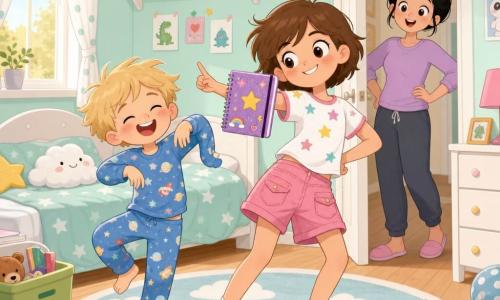 A joyful scene in a small mint bedroom: a 10‑year‑old girl with a round face, big bright eyes and short brown hair dances on tiptoe with a mischievous smile, wearing a star T‑shirt and reversed shorts while holding a glittery notebook titled Great Rulebook; her 7‑year‑old brother with tousled blond hair and rosy cheeks, in reversed pajamas, makes a funny noodle‑arm dance by the bed; their amused mother, about 35, with tied‑back black hair watches from the doorway with hands on hips; soft afternoon light, cloud‑pattern rug, piles of books and colorful toys (green plastic dinosaur, red sock on the floor), dynamic poses, scribbled rules in the notebook, bright colors, simple shapes, kawaii minimal style with clean lines and rounded contours.
