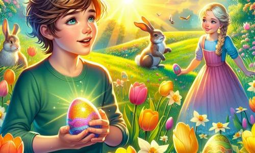 A 10-year-old boy, Charlie, with messy brown hair and sparkling curious eyes, stands at the center of the scene, holding a shimmering colored egg in his hands. His face expresses great joy and a sense of accomplishment as he looks around in wonder. Next to him, an 8-year-old girl, Lily, with braided blonde hair and a bright smile, is searching for hidden eggs in the grass, her pastel dress gently fluttering in the wind. A cute white rabbit, the famous Easter Bunny, stands near Charlie with a friendly look and bright eyes, ready to celebrate the magic of Easter. The scene takes place in an enchanting garden filled with colorful flowers, tulips, and daffodils, where shiny Easter eggs are hidden among the green grass. The sun shines high in the sky, illuminating the landscape with a warm golden light. In this illustration, Charlie, with a triumphant look, has just found the heart of Easter, a magical egg, and shares this joyful moment with his sister and the rabbit, symbolizing the spirit of the holiday and the adventure they experienced together.