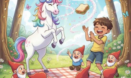 A mischievous unicorn with a rainbow iridescent coat, a fluffy pink-and-blue mane and a spiraled golden horn emitting pink sparks stands on its hind legs pointing its horn at a sandwich evaporating into glitter; Tommy, about eight with short brown hair and freckles in a yellow T-shirt and jean shorts, laughs to the unicorn's right with his hand raised as if applauding; tiny bearded wood gnomes in red caps sit around a checkered cloth, some standing and pointing at the empty spot where the basket was; the sunny clearing has dense green grass, daisies, flowering fields, gnarled trees framing the scene, golden sunbeams and colorful butterflies; mood: a joyful prank, dynamic scene with bright, soft colors and exaggerated friendly expressions.