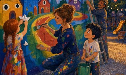 A thirty-something female artist with light brown hair in a loose bun, smiling yet focused, hands covered in bright paint, paints a large mural with a wide brush in a gentle confident posture; to her right a 7-year-old boy with black crew-cut hair and bright eyes holds a bucket of green paint and watches admiringly; to her left a 9-year-old girl with red braided hair and a paint-stained dress glues a small paper boat to the wall; a bronzed man of about 50 wearing a wide-brimmed hat smiles as he props a ladder against the wall in the background; the scene is a small urban playground at dusk with a smooth large brick wall, gravel ground, warm-hued hanging lanterns, and blurred slide and benches; the community mural depicts houses with window-eyes, fish swimming in clouds, and a big colorful road, with broad gestures, vivid paint splotches, a friendly luminous atmosphere and strong contrasts between primary colors and soft dusk tones; style: childlike acrylic with visible brush textures, saturated colors, soft outlines, rounded shapes, composition centered on the female artist and the children.