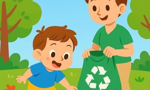 A 2-year-old boy with messy brown hair and a big joyful smile is picking up a metal can in a park. He wears a bright blue t-shirt and yellow shorts, and his eyes shine with excitement. Next to him, his mother, a woman around 30 with brown hair in a bun, holds a recycling bag and smiles proudly at her son. She is wearing a green blouse and beige pants. The park is filled with lush green trees, colorful flowers, and a bright blue sky. There is litter scattered on the grass, and the boy and his mother are working together to clean the park, making it more beautiful and tidy.