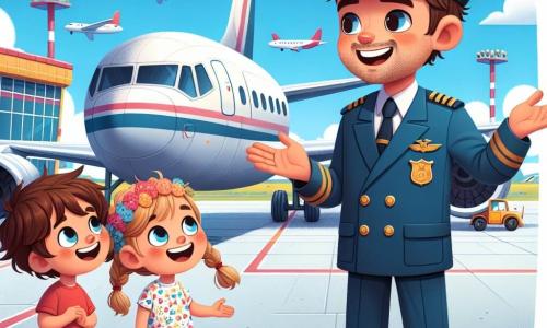 Een lachende man, Kapitein Leo, staat naast zijn grote en glanzende lijnvliegtuig, gekleed in een blauwe uniform met een pilotenpet versierd met een gouden insigne. Zijn gezicht straalt vreugde en opwinding uit, zijn ogen twinkelen terwijl hij de wereld van de luchtvaart uitlegt aan zijn jonge vrienden. Max, een jongen van ongeveer 8 jaar met rommelig bruin haar en een rode t-shirt, kijkt verwonderd naar het vliegtuig, zijn armen omhoog alsof hij de wolken wil aanraken. Lila, een 7-jarig meisje met gevlochten blond haar en een bloemenjurk, staat naast hem, met grote ogen, gefascineerd door de vliegverhalen van Kapitein Leo. De scène speelt zich af op een zonnige luchthaven, met een stralende blauwe lucht bezaaid met enkele donzige witte wolken. Op de achtergrond zijn andere geparkeerde vliegtuigen en kleurrijke hangars te zien, wat een levendige sfeer aan de omgeving toevoegt. In deze illustratie deelt Kapitein Leo zijn passie voor de luchtvaart met Max en Lila, terwijl ze samen dromen van het opstijgen in de lucht.