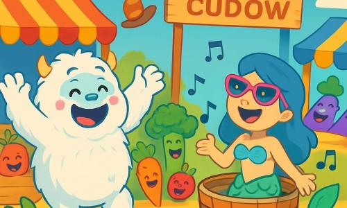 Wesoły i uśmiechnięty Yeti z białym futrem i różowymi policzkami tańczy na Targu Cudów, magicznym rynku, gdzie warzywa mówią i się śmieją. Ma duże, błyszczące oczy pełne szczęścia i okrągły brzuch, który porusza się w rytm. Obok niego syrena z niebieskimi włosami i zielonymi łuskami, nosząca różowe okulary przeciwsłoneczne, entuzjastycznie śpiewa w dużej drewnianej wannie. Ma figlarny uśmiech i oczy pełne radości. Rynek jest pełen żywych kolorów: stragany z wielokolorowymi warzywami, owoce, które się śmieją, i kapelusze tańczące na wietrze, pod niebieskim niebem z chmurami w kształcie cukierków. W tej scenie Yeti i syrena bawią się, śpiewając zabawną piosenkę, otoczeni publicznością zwierząt i warzyw, które się śmieją i tańczą, tworząc radosną i świąteczną atmosferę.