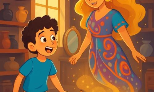 Aladdin, um garoto de 12 anos com cabelos castanhos e cacheados, está diante de uma lâmpada antiga, com os olhos arregalados de curiosidade e espanto. Ele usa uma camiseta azul vibrante e uma calça bege, e seu rosto expressa uma determinação alegre. Ao seu lado, a Gênia, uma mulher majestosa de cerca de 30 anos, com longos cabelos dourados e um vestido cintilante adornado com padrões coloridos, flutua no ar, com um sorriso benevolente. Ela é cercada por uma leve névoa cintilante. A cena ocorre em uma loja de antiguidades, com prateleiras de madeira cheias de objetos misteriosos, espelhos antigos e tapetes coloridos cobrindo o chão. A luz suave filtra através de uma janela empoeirada, criando uma atmosfera mágica e acolhedora. Aladdin, intrigado, esfrega a lâmpada, e a Gênia aparece, pronta para lhe oferecer três desejos, enquanto um brilho dourado ilumina o ambiente, revelando um mundo de possibilidades.