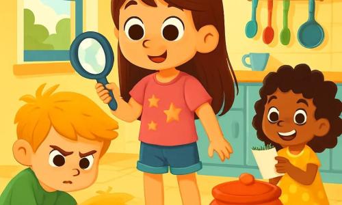 Uma menina de 6 anos, chamada Ana, com longos cabelos castanhos e olhos brilhantes de curiosidade, está no centro da cozinha. Ela usa uma camiseta rosa com estrelas e um short de jeans. Seu rosto expressa excitação e determinação enquanto observa atentamente o chão, segurando uma lupa na mão. Ao lado dela, seu amigo Tomás, um garoto de 6 anos com cabelos loiros bagunçados, está agachado, examinando migalhas no chão. Ele veste uma camiseta verde e um short azul, com o rosto concentrado e uma sobrancelha franzida. Um pouco mais longe, Lila, uma menina de 6 anos com cabelos cacheados e um vestido amarelo com bolinhas, segura um caderno e faz anotações, sorrindo entusiasticamente. A cozinha é clara e acolhedora, com paredes pintadas de amarelo claro e uma grande janela que deixa entrar a luz do sol. Um grande pote de biscoitos está aberto na mesa, com migalhas espalhadas ao redor, e utensílios de cozinha coloridos estão pendurados na parede. A cena principal mostra Ana, Tomás e Lila em plena investigação, buscando pistas sobre os biscoitos desaparecidos, com expressões de curiosidade e excitação em seus rostos.