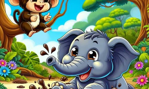 Um elefante alegre chamado Eloi, com grandes orelhas e pele cinza brilhante, está deitado em uma poça de lama, rindo alto. Seus olhos brilham de felicidade e sua tromba está no ar, espirrando lama ao seu redor. Ao lado, uma pequena macaca travessa chamada Mimi, com pelagem marrom e olhos travessos, está empoleirada em um galho de árvore, rindo e apontando para o elefante. Ela parece se divertir e usa uma pequena flor no cabelo. A cena acontece em uma floresta encantada, com árvores majestosas de folhas verdes brilhantes, flores coloridas ao redor e um céu azul claro com nuvens brancas fofas. Eloi e Mimi se divertem juntos, aproveitando um dia ensolarado, onde o elefante rola na lama, criando respingos alegres, enquanto Mimi ri de suas travessuras.