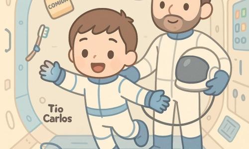 Um menino (Lucas, ±8 anos) sorridente e maravilhado, cabelos castanhos curtos e bochechas redondas, usa um traje espacial de treinamento branco e azul e flutua em apesanteur com os braços abertos. Um homem adulto (Tio Carlos, ±40 anos) de rosto gentil e barba curta, com capacete sob o braço e expressão orgulhosa e acolhedora, está ligeiramente atrás de Lucas, estendendo a mão para guiá‑lo e preso a um cabo de segurança. Interior de um módulo de treinamento espacial com paredes arredondadas em creme e azul claro, painéis de comando com telas coloridas, tapetes antiderrapantes, ganchos e velcro visíveis, iluminação suave; pequenos objetos flutuantes (um pacote de comida marcado 