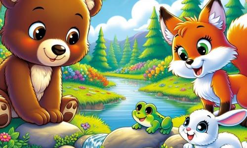 Al centro dell'immagine, un giovane orso bruno di nome Bruno, con un pelage morbido e setoso, esprime grande curiosità e gioia mentre osserva attentamente una piccola rana verde che salta sulle pietre vicino a un ruscello. A destra, una volpe rossa, vivace e maliziosa, con un pelage brillante e occhi scintillanti, sorride guardando Bruno, mentre si erge sulle zampe posteriori, pronta a saltare. A sinistra, un piccolo coniglio bianco di nome Bianchino, con grandi orecchie e uno sguardo meravigliato, si accovaccia per ammirare i fiori colorati che crescono vicino all'acqua. Sullo sfondo, un prato soleggiato, pieno di fiori vivaci e alberi verdi, con un ruscello scintillante che serpeggia nel paesaggio, creando un'atmosfera gioiosa e primaverile. La scena cattura il momento in cui Bruno e i suoi amici scoprono la bellezza della natura in primavera, circondati da vita e colori vibranti.