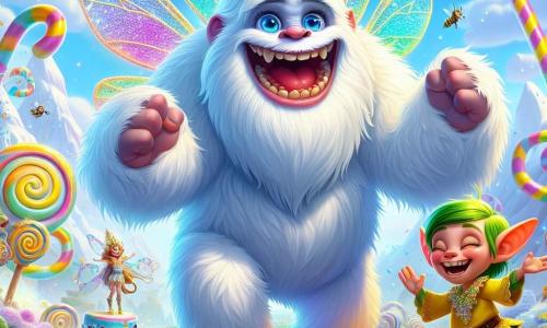 Ein riesiger, flauschiger Yeti mit strahlend weißem Fell und schelmischen Augen tanzt fröhlich im Zentrum einer sonnigen Szene. Sein breites Lächeln und die rosigen Wangen zeigen seine ansteckende Begeisterung. Neben ihm macht ein kleiner, schelmischer Kobold mit zerzausten grünen Haaren und spitzen Ohren Grimassen und lacht, was der Stimmung einen Hauch von Verrücktheit verleiht. Im Hintergrund applaudiert ein Elf mit funkelnden Flügeln, einem bunten Kleid und goldenen Haaren, umgeben von Zuckerstangen und bunten Blumen. Der Ort ist eine magische Insel, die in der Luft schwebt, bedeckt mit strahlenden Blumen und glitzernden Bächen, wo riesige Süßigkeiten wie Bäume wachsen. Flauschige, weiße Wolken schweben herum und schaffen eine märchenhafte Atmosphäre. Die Hauptszene zeigt den Yeti, der mit einer riesigen Biene tanzt, die um ihn herumflattert, während die anderen Kreaturen lachen und Spaß haben und eine Szene voller Freude und Kameradschaft schaffen.